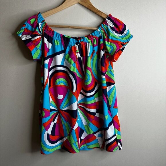 Jude Connally Blouse Top Sz S Multicolor Abstract Resort Stretch Off Shoulder - Picture 1 of 10